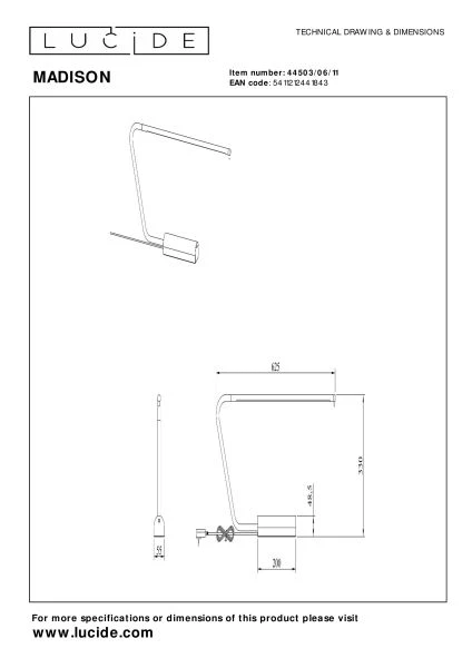 Lucide MADISON - Lampe de bureau - LED Dim to warm - 1x9W 2600K/2800K - Chrome - technique